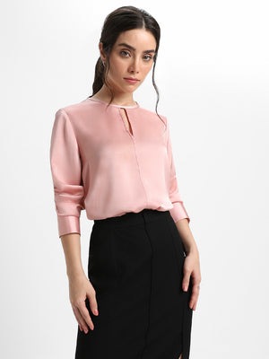 Stylised V Neck Regular Fit Solid Dusty Pink Top
