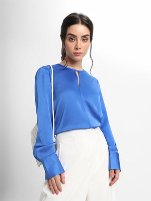 Stylised V Neck Regular Fit Solid Cobalt Blue Top