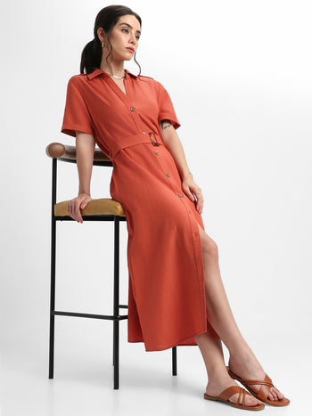 DL Woman Shirt Collar Solid Rust A-Line Dress
