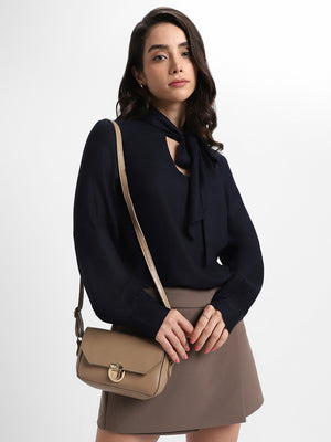 Women Tie Up Neck Regular Fit Solid Navy Top