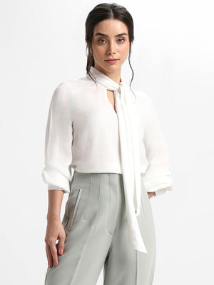 Women Tie Up Neck Regular Fit Solid Off White Top