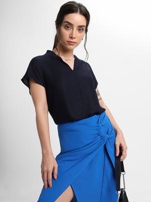 V- Neck Regular Fit Solid Navy Top