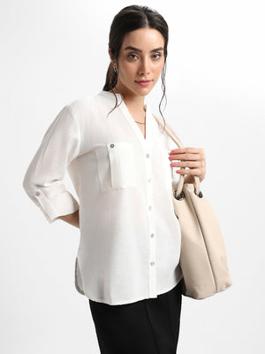 Round Neck Regular Fit Solid Off White Top
