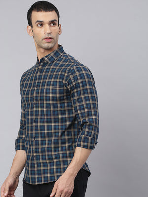 Men's Small Checks Slim Fit Full Sleves Spread Casual Shirts (Teal Blue)