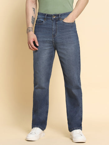Men's Slim Fit Dark Blue Denim Jeans Waistband With Belt Loops Has A Button Rivet And Zip Closure
