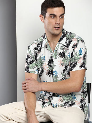 Men's Printed White Slim Fit Rayon Casual Shirt With Cuban Collar & Half Sleeves