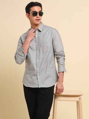 Men's Slim Fit Grey Solid Spread Collar & Full Sleeves Casual Shirt