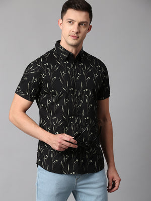 Men's Floral Black Slim Fit Casual Shirt With Spread Collar