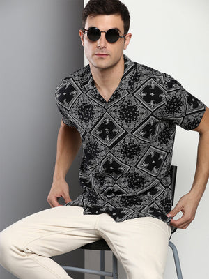 Men's Printed Black Slim Fit Rayon Casual Shirt With Cuban Collar & Half Sleeves