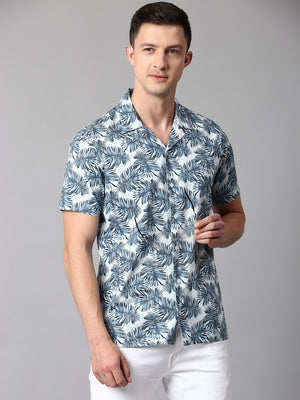 Men's Floral Blue Slim Fit Casual Shirt With Cuban Collar