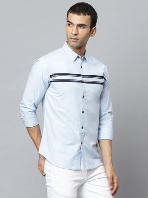 Men's Horizontal Stripes Spread Collar Full Sleeves Shirt (Sky Blue)