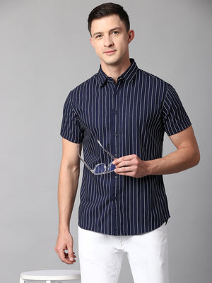 Men's Striped Navy Slim Fit Casual Shirt With Spread Collar