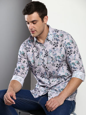 Men's Printed Mauve Slim Fit Satin Casual Shirt With Spread Collar & Full Sleeves (C9079_Mauve_S)