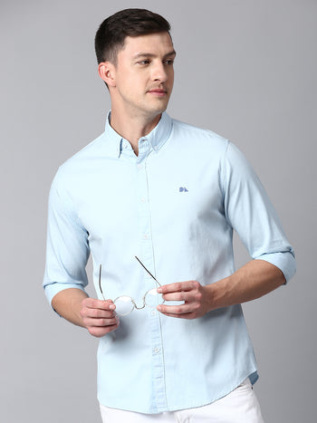 Men's Solid Skyblue Slim Fit Casual Shirt With Button Down