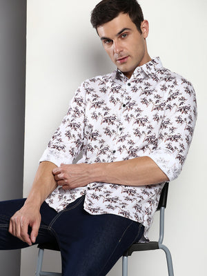 Men's Printed White Slim Fit Satin Casual Shirt With Spread Collar & Full Sleeves (C9067_White_S)