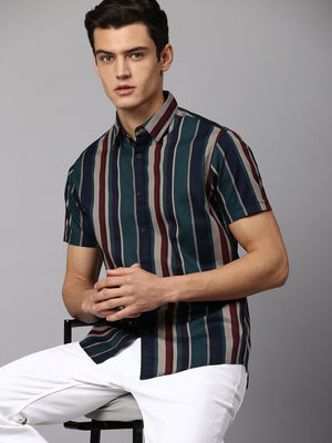 Men's Striped T-Green Slim Fit Casual Shirt  Spread Collar
