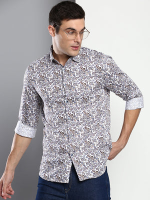 Men's Printed White Slim Fit Satin Casual Shirt With Spread Collar & Full Sleeves (C9068_White_S)