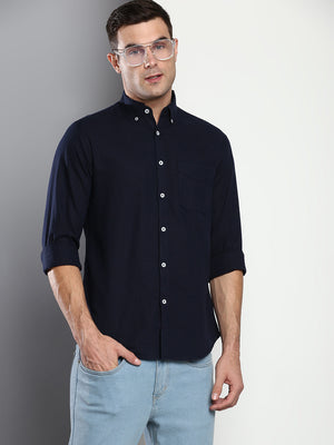 Men's Solid Slim Fit Cotton Linen Casual Shirt With Button-Down Collar & Full Sleeves