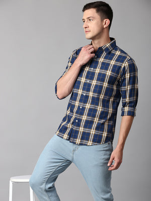 Men's Checkered Blue Slim Fit Casual Shirt With Spread Collar