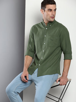 Men's Solid Slim Fit Cotton Linen Casual Shirt With Button-Down Collar & Full Sleeves