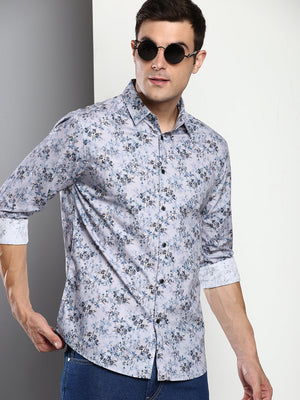 Men's Printed Grey Slim Fit Satin Casual Shirt With Spread Collar & Full Sleeves (C9047_Grey_S)