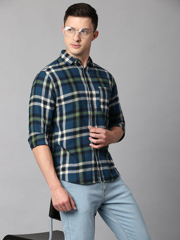 Men's Checkered Blue Slim Fit Casual Shirt With Spread Collar