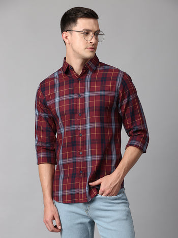 Men's Checkered Maroon Slim Fit Casual Shirt With Spread Collar