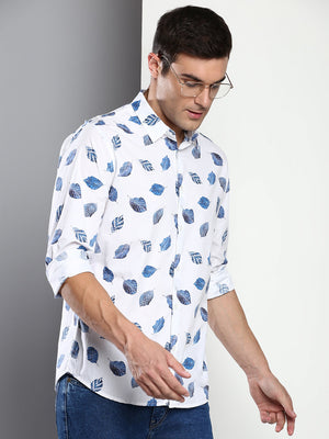 Men's Printed White Slim Fit Satin Casual Shirt With Spread Collar & Full Sleeves (C9076_White_S)