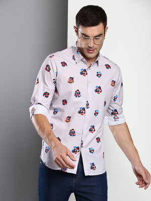 Men's Printed Grey Slim Fit Satin Casual Shirt With Spread Collar & Full Sleeves (C9066_Grey_S)