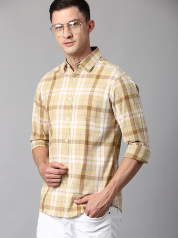 Men's Checkered Mustard Slim Fit Casual Shirt With Spread Collar