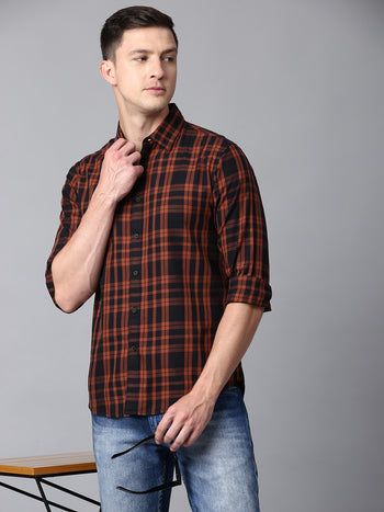 Men's Checkered Orange Slim Fit Casual Shirt With Spread Collar