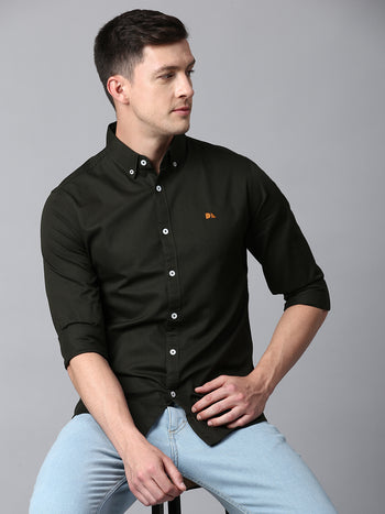 Men's Solid Olive Slim Fit Casual Shirt With Button Down