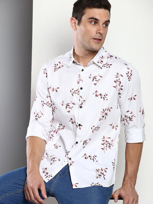 Men's Printed White Slim Fit Satin Casual Shirt With Spread Collar & Full Sleeves (C9064_White_S)