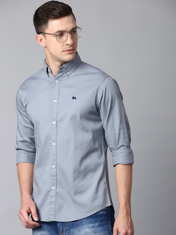 Men's Solid Dusty Blue Slim Fit Casual Shirt With Button Down