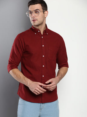 Men's Solid Slim Fit Cotton Linen Casual Shirt With Button-Down Collar & Full Sleeves