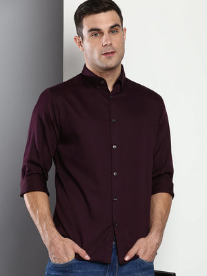 Men's Solid Slim Fit Satin Lycra Casual Shirt With Concealed Button Down & Full Sleeves