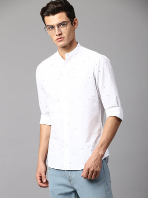 Men's Printed White Slim Fit Casual Shirt Mandarin Collar