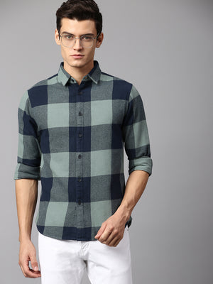 Men's Checkered Green Slim Fit Casual Shirt  Spread Collar