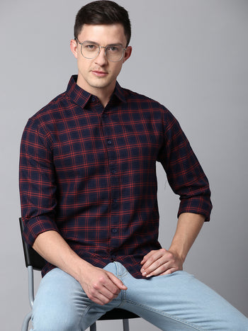 Men's Checkered Navy Slim Fit Casual Shirt With Spread Collar