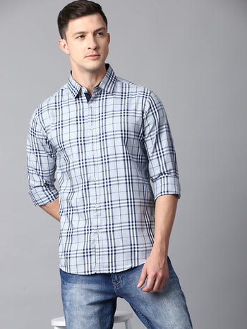 Men's Checkered Light Grey Slim Fit Casual Shirt With Spread Collar