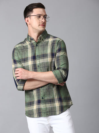 Men's Checkered Green Slim Fit Casual Shirt With Button Down
