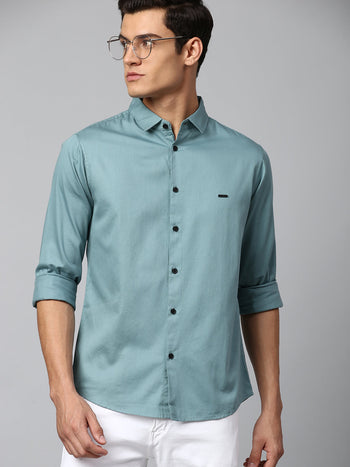 Men's Solid Dusty Teal Slim Fit Casual Shirt With Spread Collar