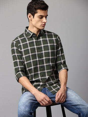 Men's Checkered Olive Slim Fit Casual Shirt  Spread Collar