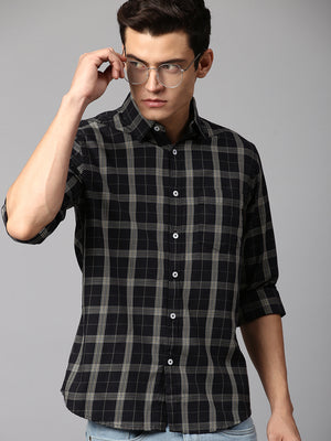 Men's Checkered Navy Slim Fit Casual Shirt  Spread Collar