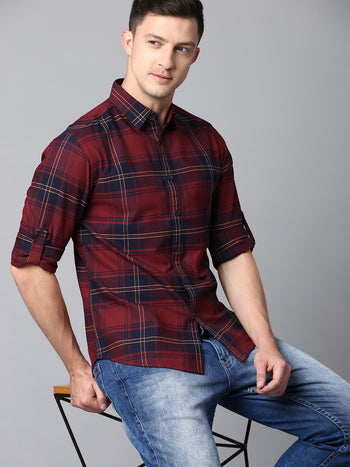 Men's Checkered Maroon Slim Fit Casual Shirt With Spread Collar