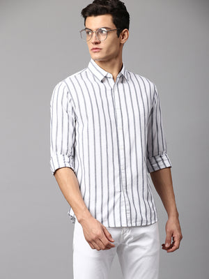 Men's Striped White Slim Fit Casual Shirt  Spread Collar