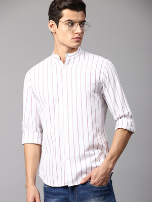 Men's Striped White Slim Fit Casual Shirt Mandarin Collar