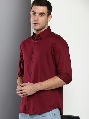 Men's Solid Slim Fit Satin Lycra Casual Shirt With Concealed Button Down & Full Sleeves