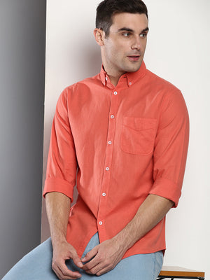 Men's Solid Slim Fit Cotton Linen Casual Shirt With Button-Down Collar & Full Sleeves