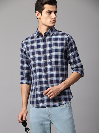 Men's Checkered Navy Slim Fit Casual Shirt  Spread Collar